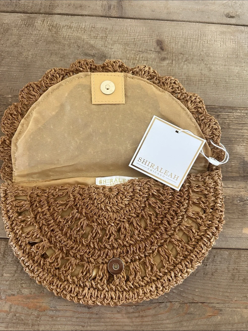 Shiraleah Tan Crochet Half-Moon Wristlet Clutch